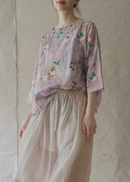 Purple O-neck Button Linen Shirt Half Sleeve