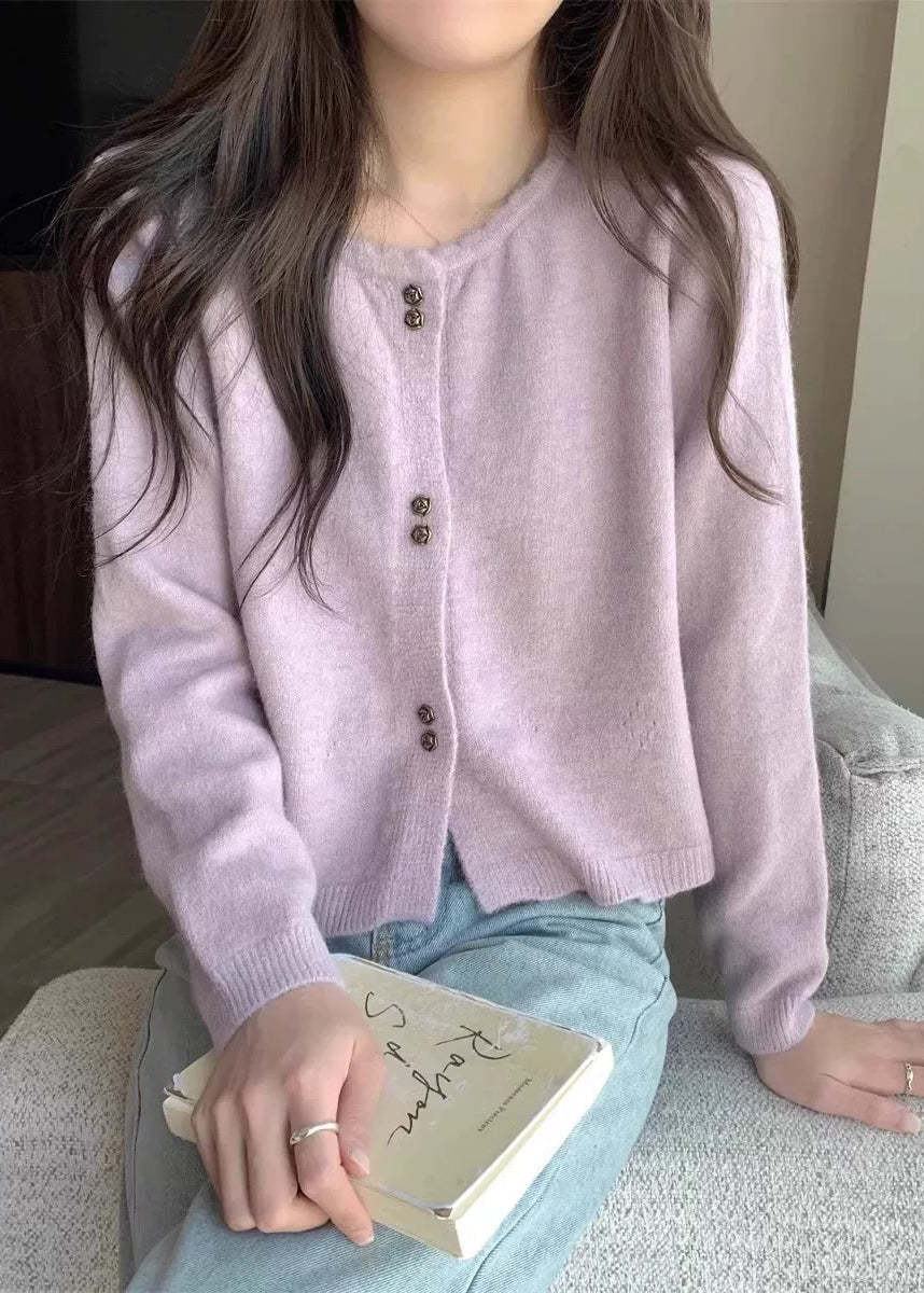 Purple O Neck Button Short Knit Coat Fall