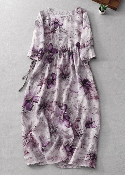 Purple O Neck Print Lace Up Cotton Dress Half Sleeve
