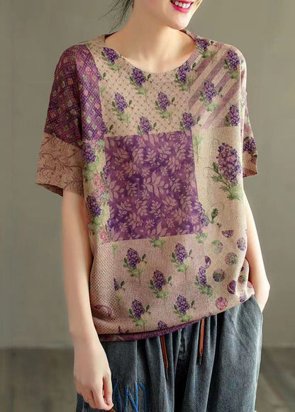 Purple O Neck Print Patchwork Thin Cotton Knit Tops Summer