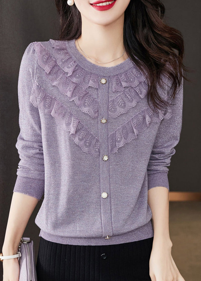 Purple O Neck Ruffled Patchwork Knit Tops Fall