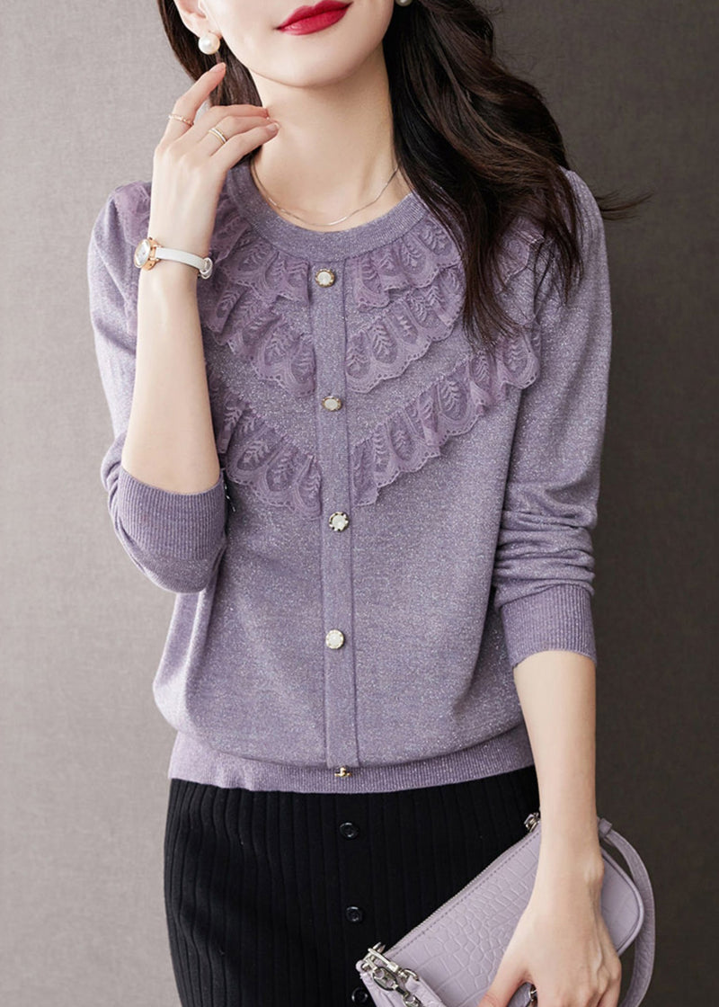 Purple O Neck Ruffled Patchwork Knit Tops Fall