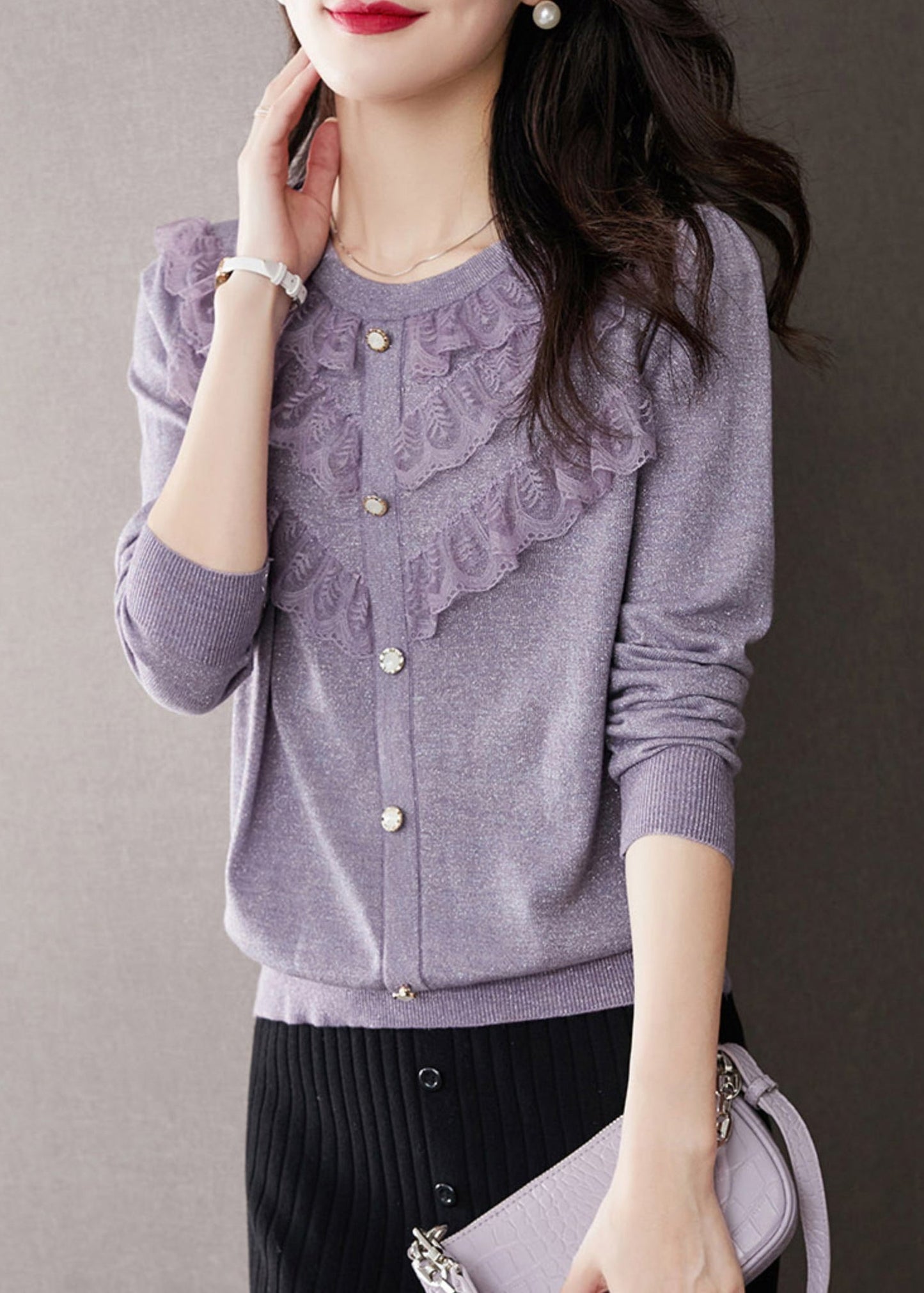 Purple O Neck Ruffled Patchwork Knit Tops Fall