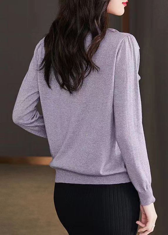 Purple O Neck Ruffled Patchwork Knit Tops Fall