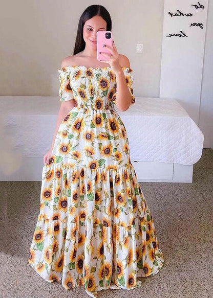 Purple Off the Shoulder Wrinkled Print Patchwork Cotton Dress Summer
