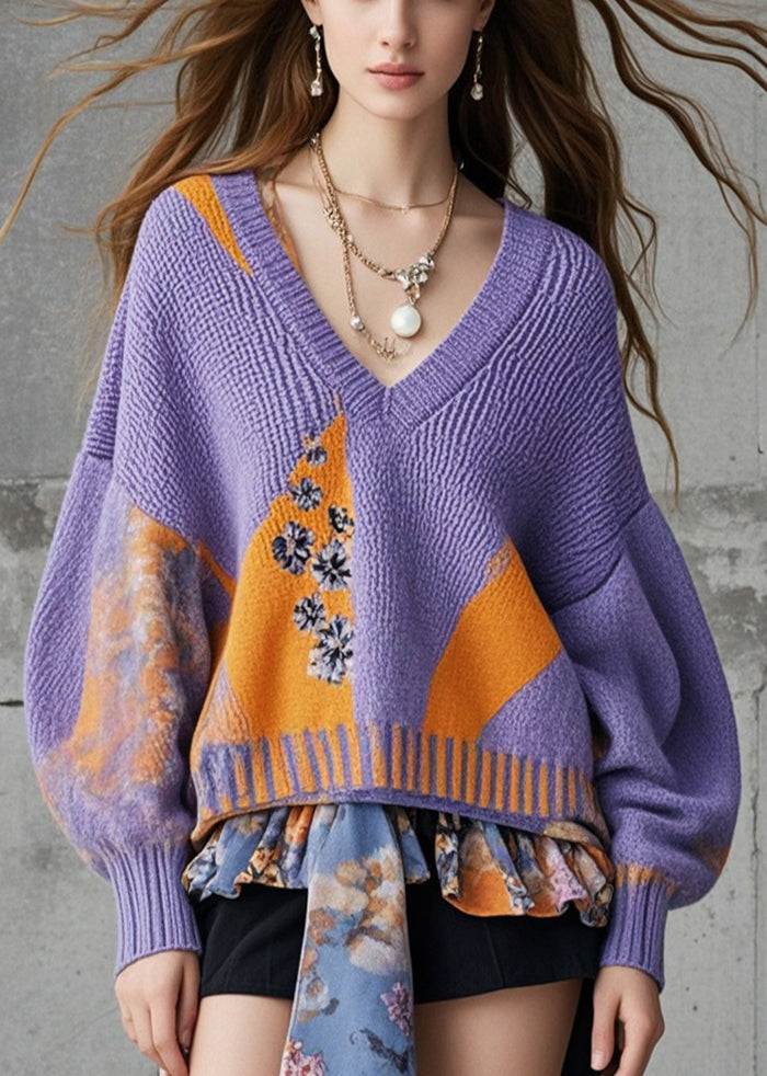 Purple Oversized Patchwork Knit Sweaters Fall