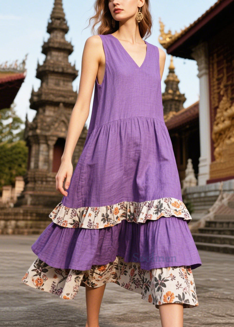 Purple Oversized Patchwork Linen Sundresses Summer
