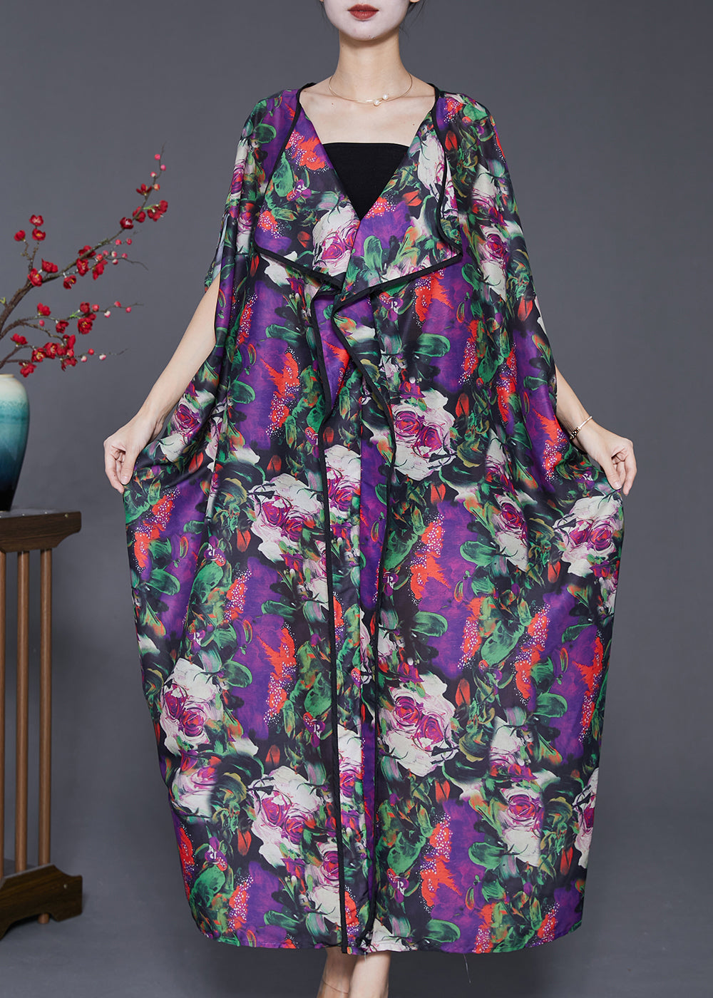 Purple Oversized Print Chiffon Long Dresses Batwing Sleeve