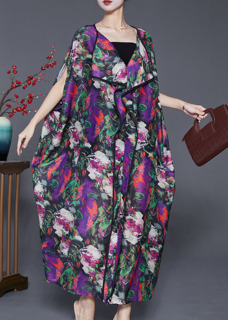 Purple Oversized Print Chiffon Long Dresses Batwing Sleeve