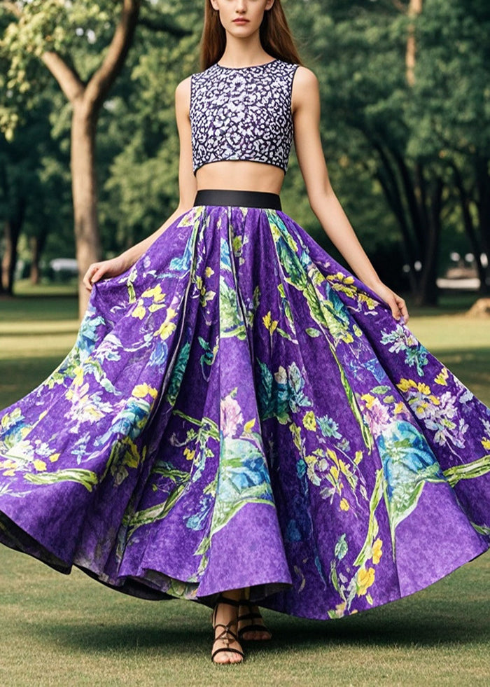 Purple Print Exra Large Hem Cotton Skirt Fall