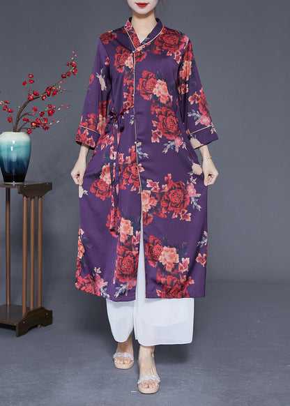 Purple Print Lace Up Side Open Silk Long Dress Bracelet Sleeve