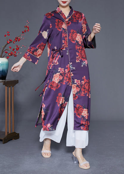 Purple Print Lace Up Side Open Silk Long Dress Bracelet Sleeve