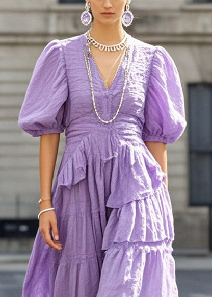 Purple Puff Sleeve Exra Large Hem Cotton Long Dresses