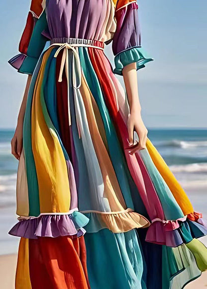 Purple Ruffled Lace Up Patchwork Chiffon Dress Half Sleeve