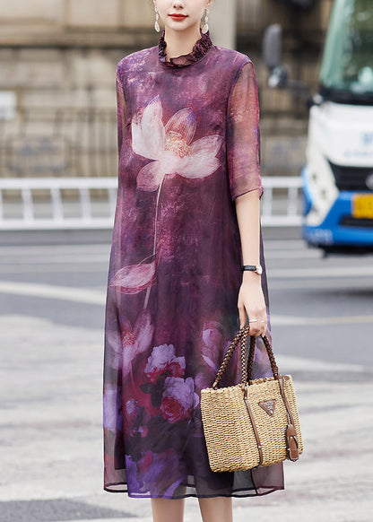 Purple Ruffled Lotus Print Patchwork Silk Dress Summer
