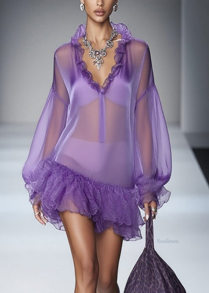 Purple Ruffled Tulle Mid Dress Spring