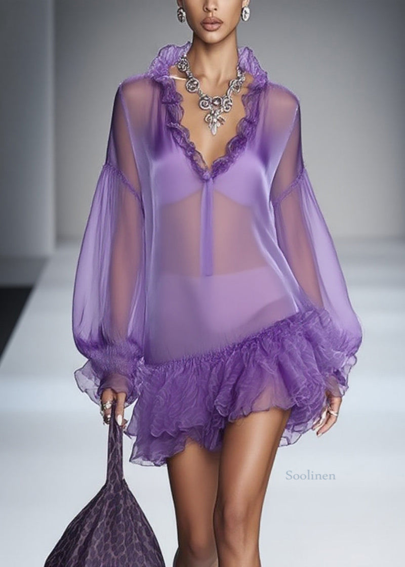 Purple Ruffled Tulle Mid Dress Spring