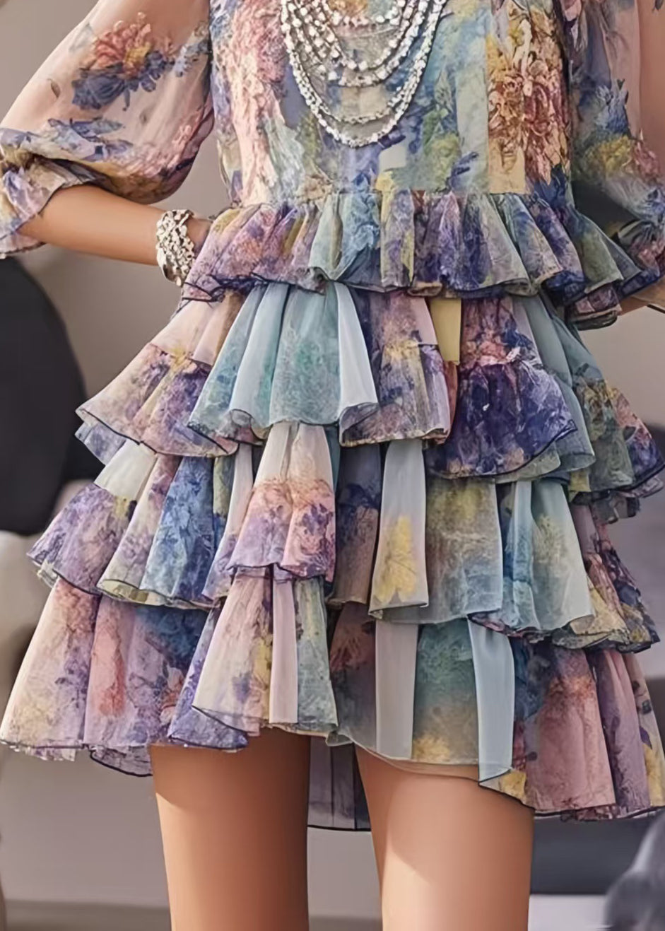 Purple Ruffles Print Chiffon Party Dresses Summer