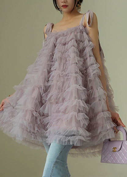 Purple Slash Neck Tulle Mid Spaghetti Strap Dress Sleeveless