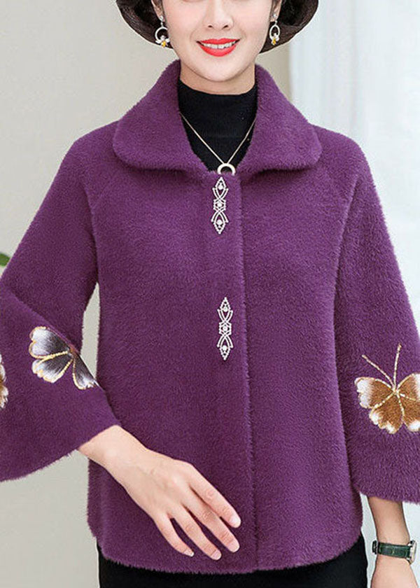Purple Square Collar Mink Hair Knitted Coats Winter