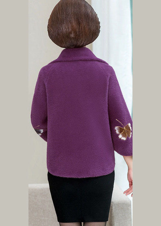 Purple Square Collar Mink Hair Knitted Coats Winter