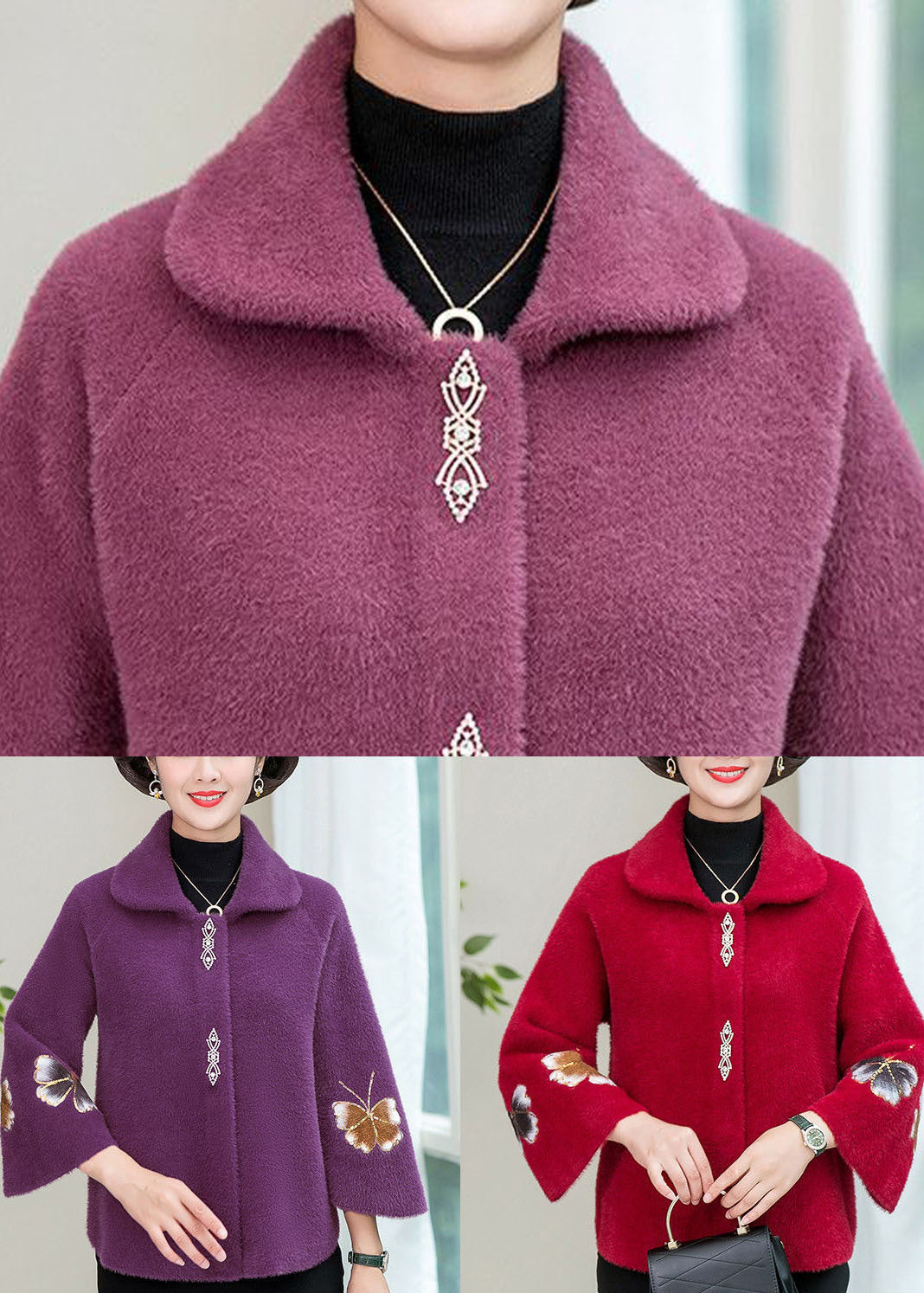 Purple Square Collar Mink Hair Knitted Coats Winter