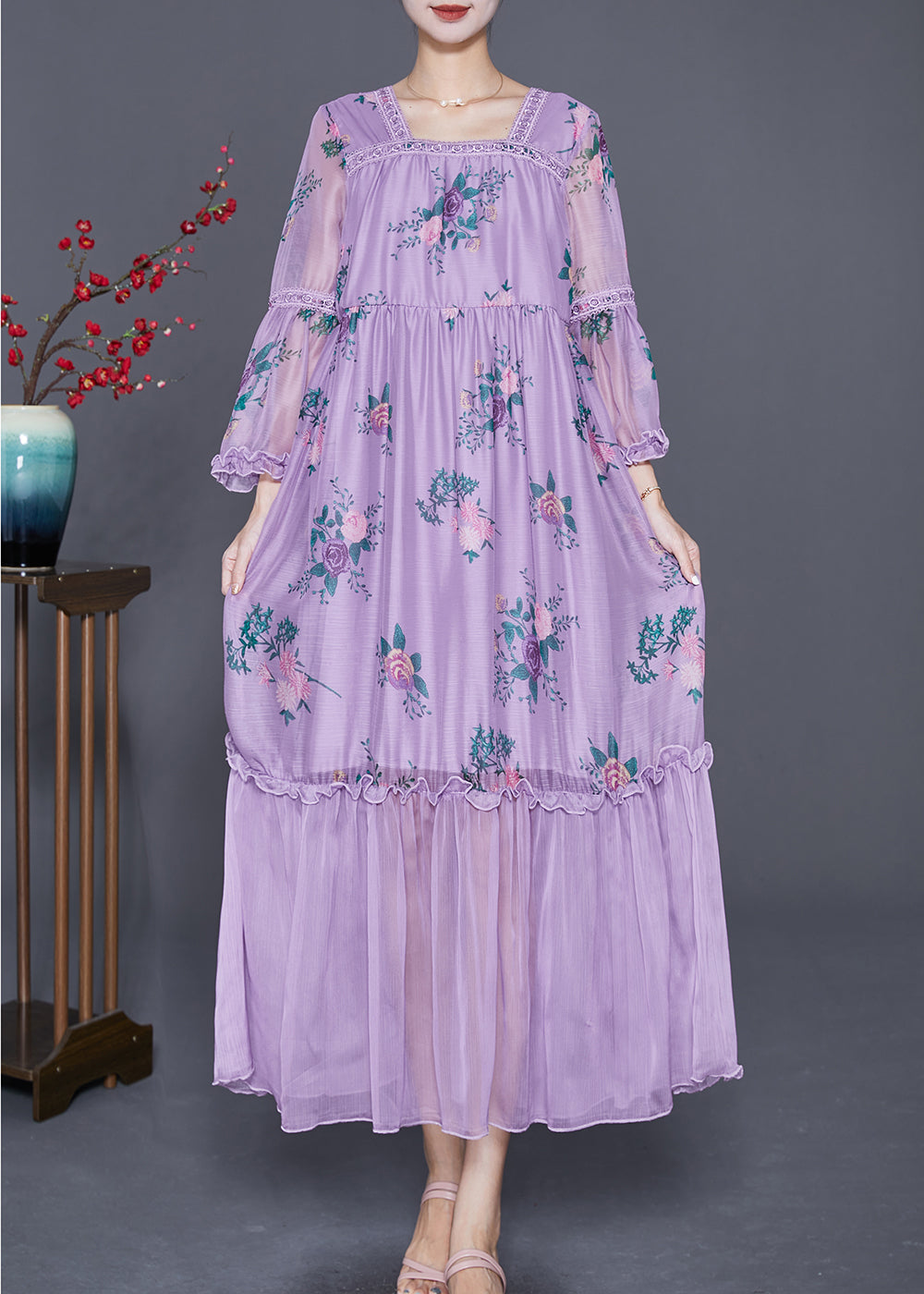 Purple Square Collar Patchwork Ruffled Silk Dresses Summer