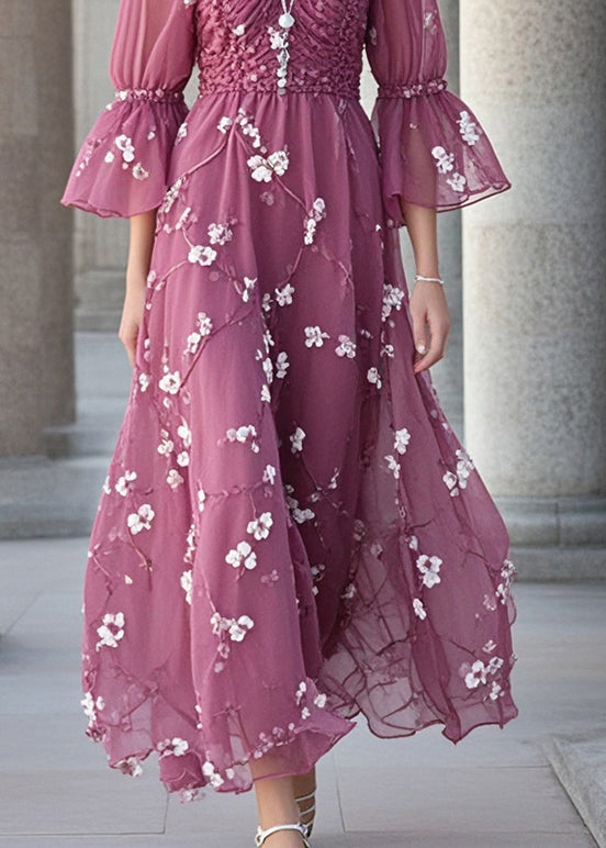 Purple Square Collar Print Chiffon Holiday Dress Summer