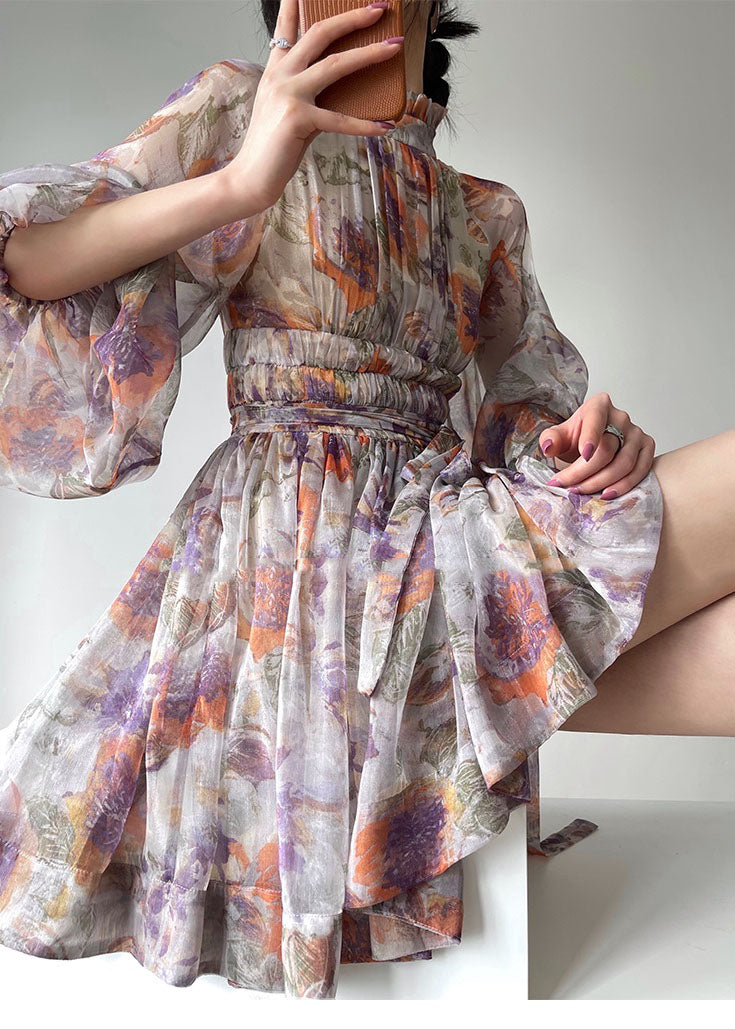 Purple Stand Collar Wrinkled Print Silk Maxi Dresses Lantern Sleeve