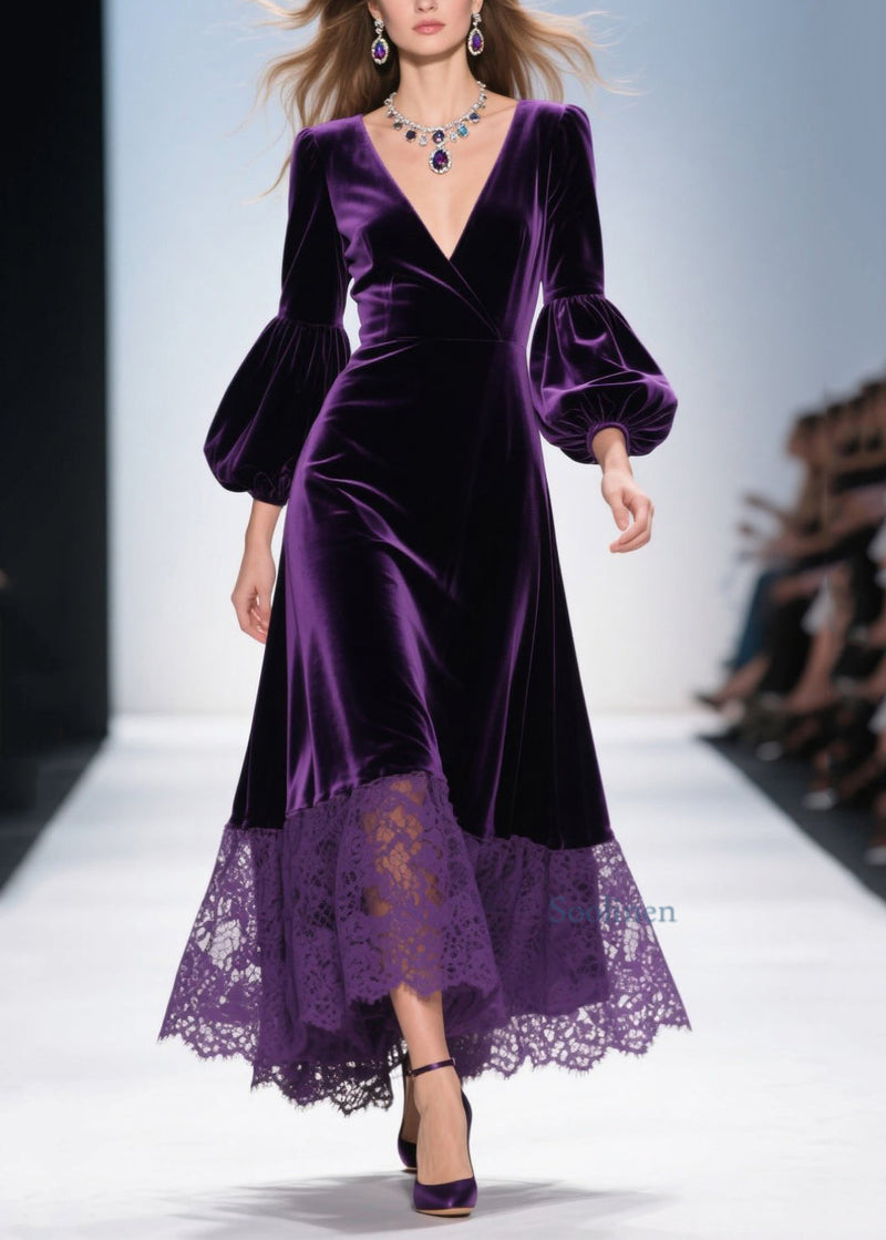 Purple V Neck Lace Patchwork Velvet Dress Spring