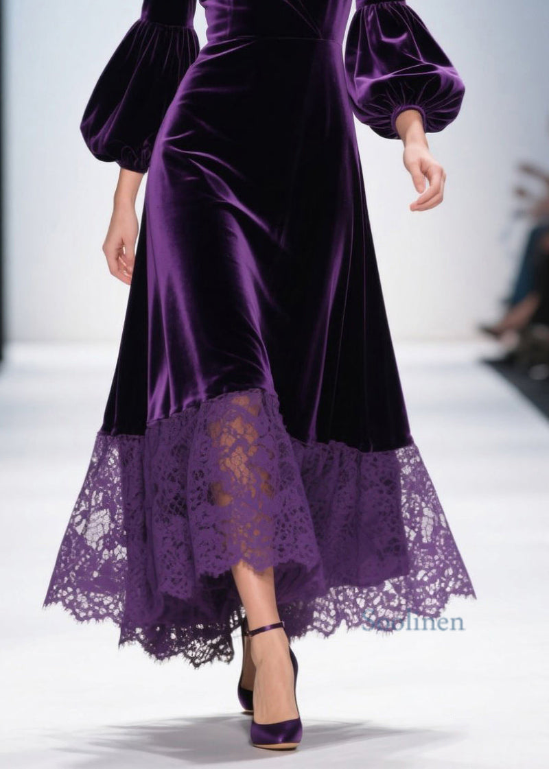 Purple V Neck Lace Patchwork Velvet Dress Spring