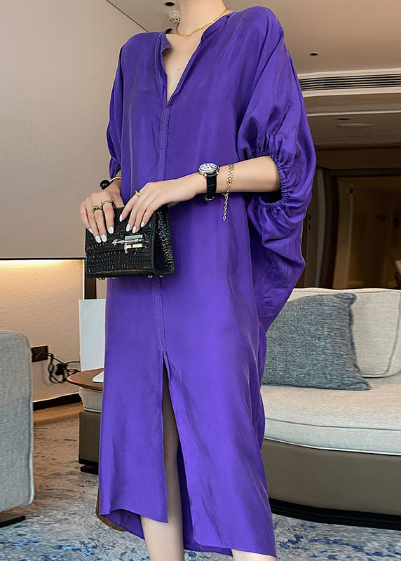 Purple V Neck Patchwork Silk Maxi Dresses Long Sleeve
