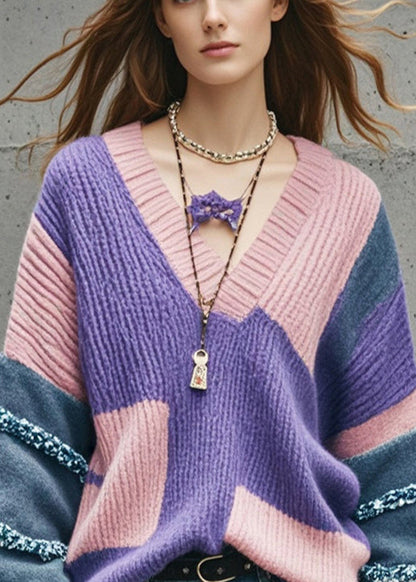 Purple V Neck Patchwork Thcik Sweaters Fall