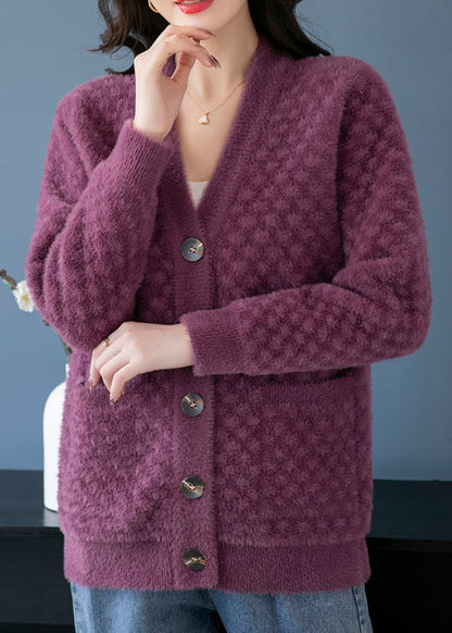 Purple V Neck Pockets Patchwork Mink Hair Knitted Coats Fall