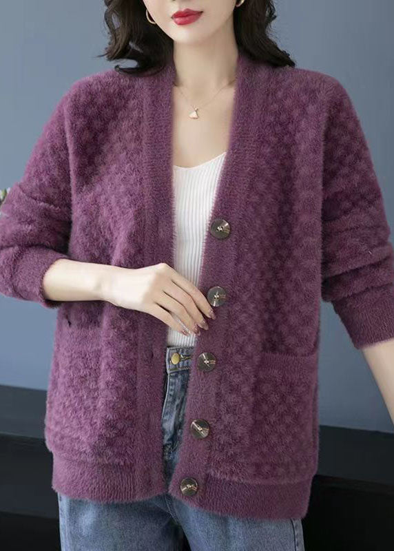 Purple V Neck Pockets Patchwork Mink Hair Knitted Coats Fall