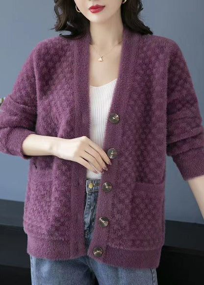 Purple V Neck Pockets Patchwork Mink Hair Knitted Coats Fall
