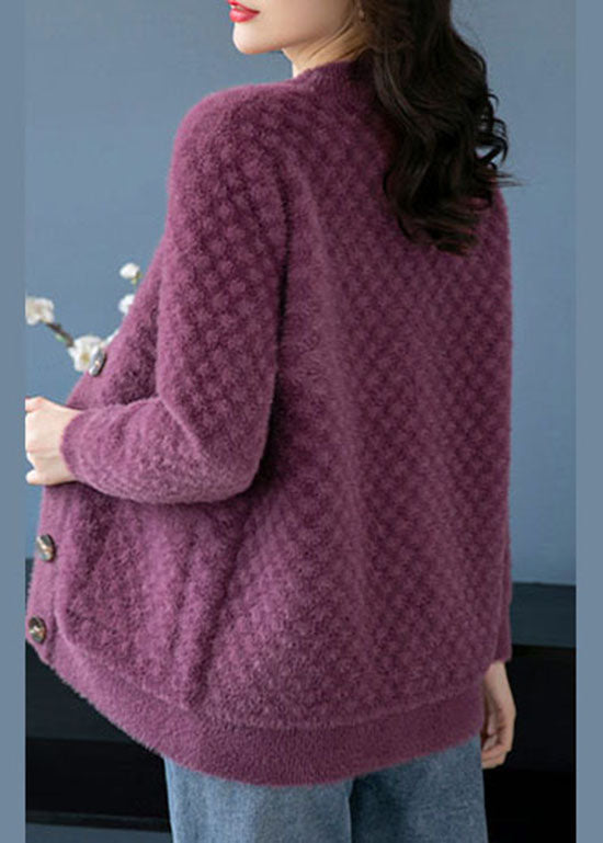 Purple V Neck Pockets Patchwork Mink Hair Knitted Coats Fall