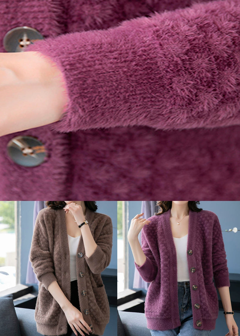 Purple V Neck Pockets Patchwork Mink Hair Knitted Coats Fall
