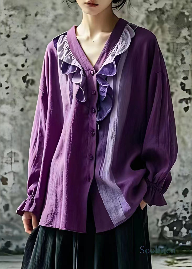 Purple V Neck Ruffled Patchwork Shirt Fall
