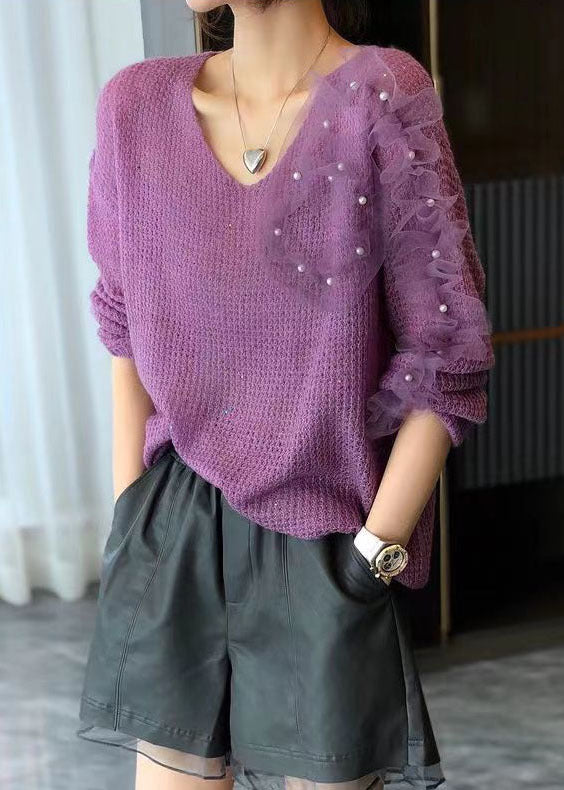 Purple V Neck Ruffled Tulle Patchwork Nail Bead Knitted Tops Long Sleeve