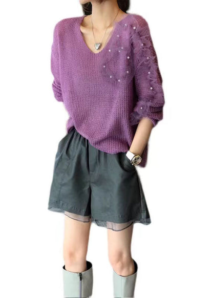 Purple V Neck Ruffled Tulle Patchwork Nail Bead Knitted Tops Long Sleeve