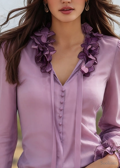Beautiful Purple V Neck Tie Lace Solid Silk Top Spring