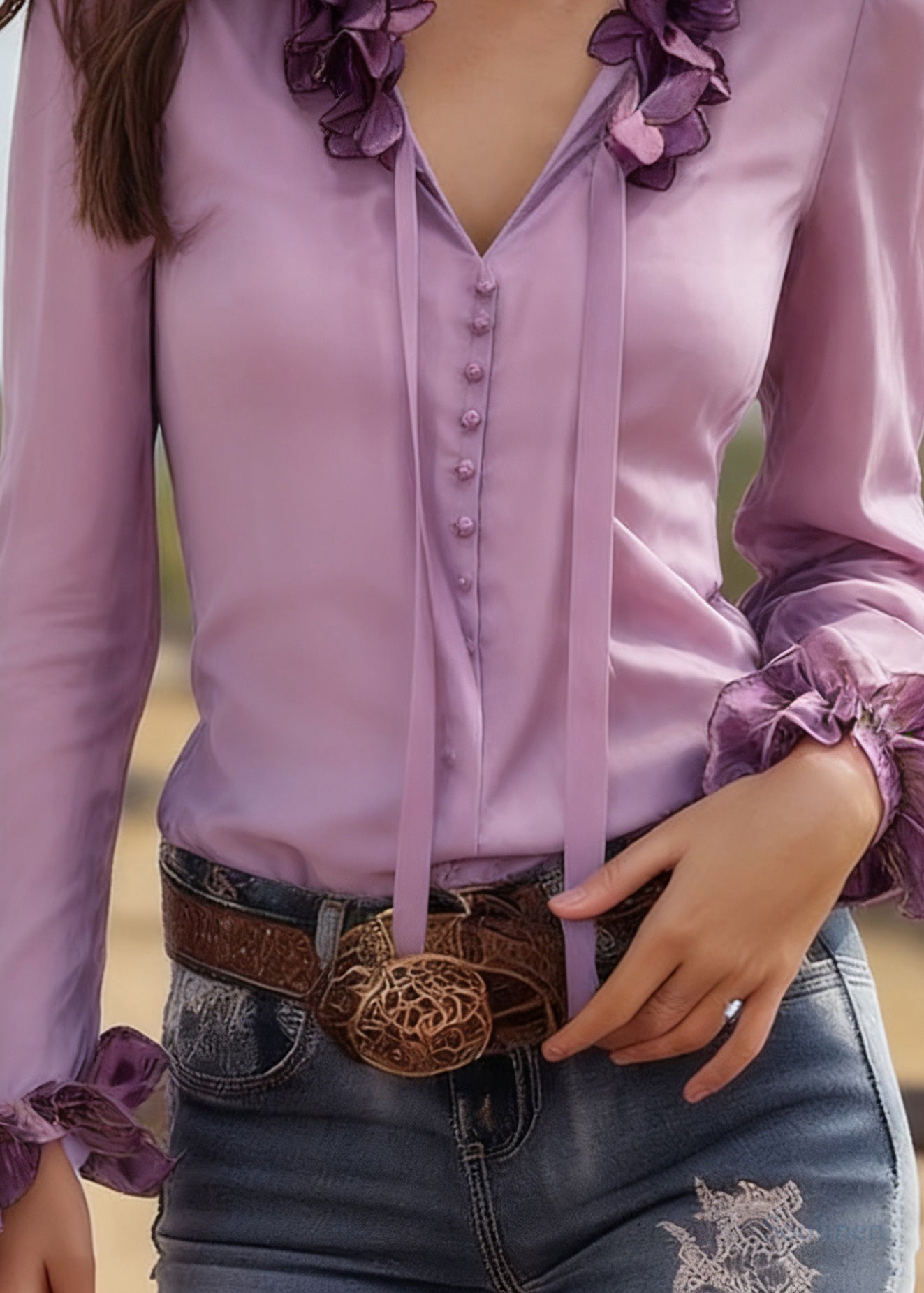 Beautiful Purple V Neck Tie Lace Solid Silk Top Spring