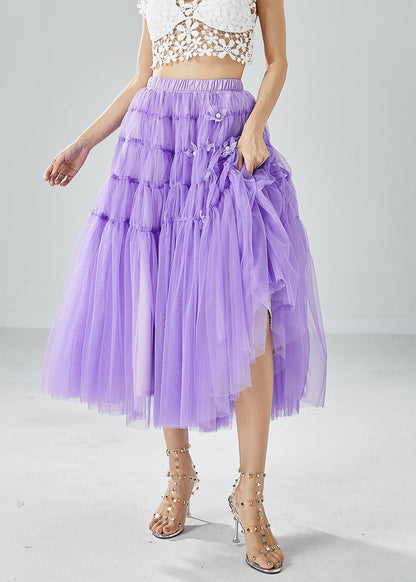 Purple Wrinkled Patchwork Pearl Tulle Skirts Summer