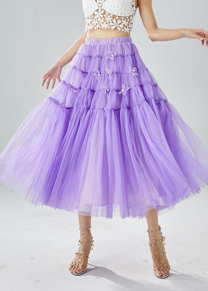Purple Wrinkled Patchwork Pearl Tulle Skirts Summer