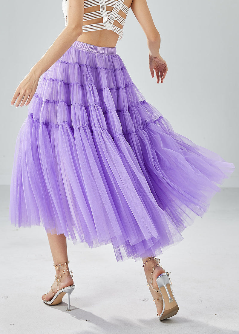 Purple Wrinkled Patchwork Pearl Tulle Skirts Summer