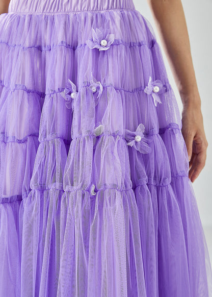Purple Wrinkled Patchwork Pearl Tulle Skirts Summer