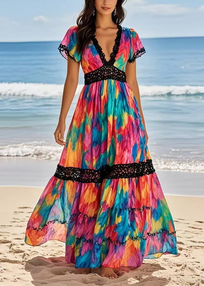 Rainbow Cinched Patchwork Chiffon Vacation Dresses Summer