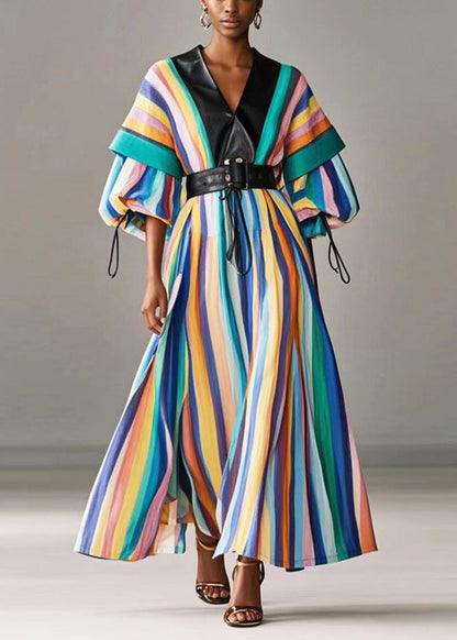 Rainbow Cinched Striped Cotton Holiday Dress Lantern Sleeve