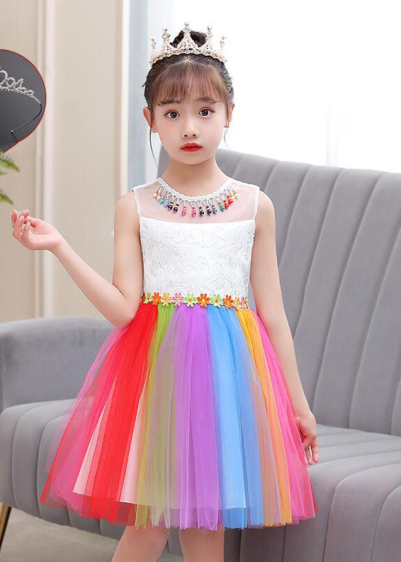 Rainbow Daisy Tassel Tulle Kids Dress Summer